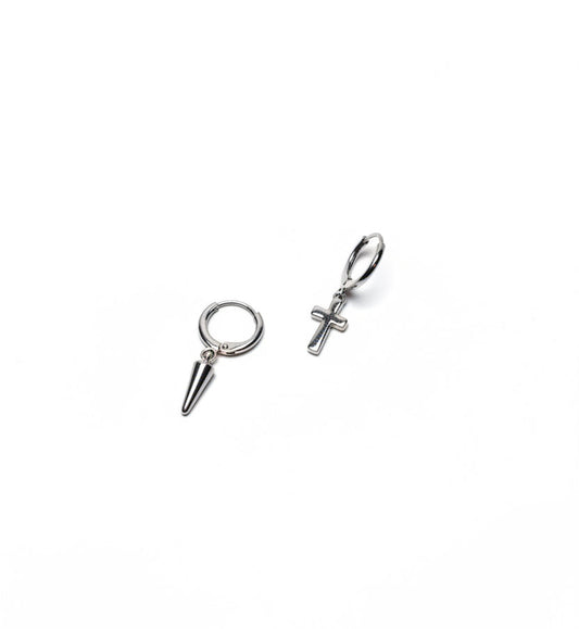 Men’s Silver Cross & Spike Earrings Set