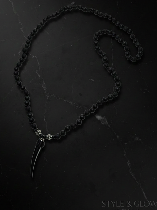 Black Beaded Necklace for Men – Fang Pendant