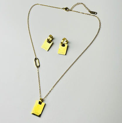 Gold-Tone Stainless Steel Padlock Necklace & Earrings Set
