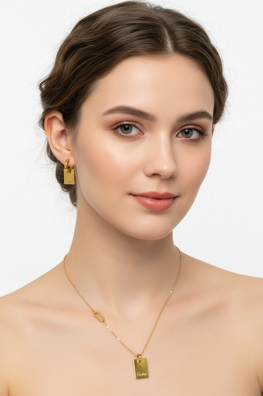 Gold-Tone Stainless Steel Padlock Necklace & Earrings Set