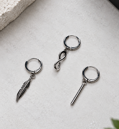Men’s Silver Dangle Earrings – 3 Piece Set