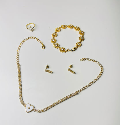 Gold-Tone Heart Jewellery Set – Necklace, Bracelet, Ring & Earrings