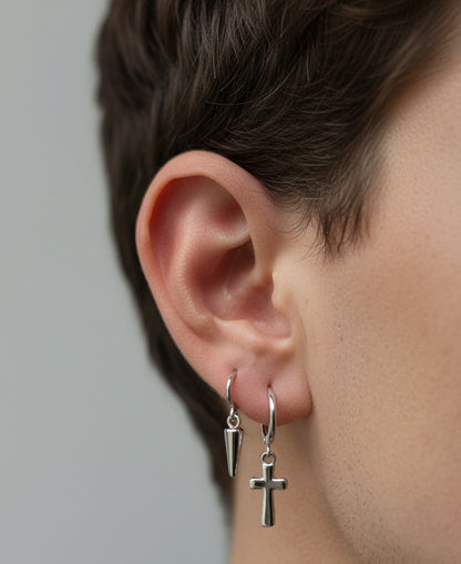 Men’s Silver Cross & Spike Earrings Set