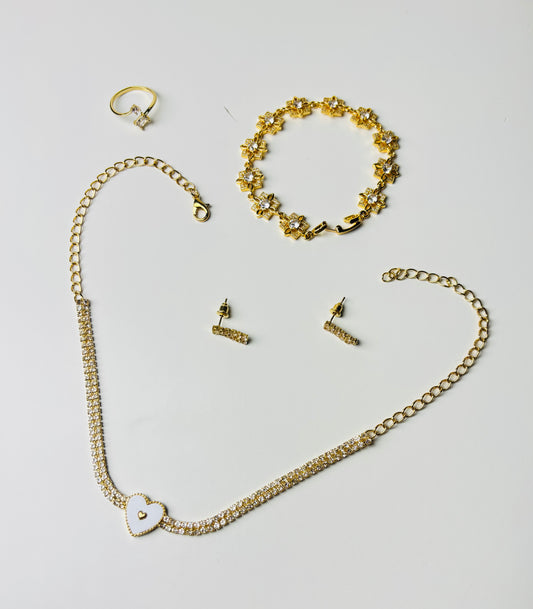Gold-Tone Heart Jewellery Set – Necklace, Bracelet, Ring & Earrings