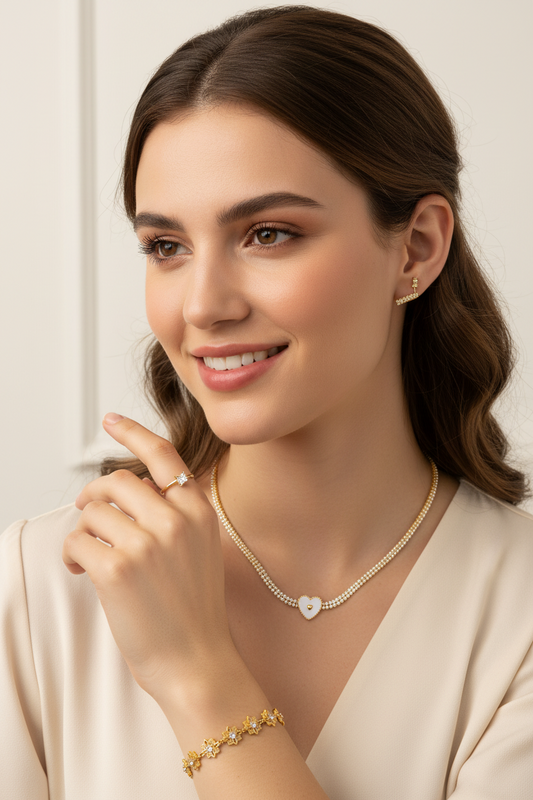 Gold-Tone Heart Jewellery Set – Necklace, Bracelet, Ring & Earrings