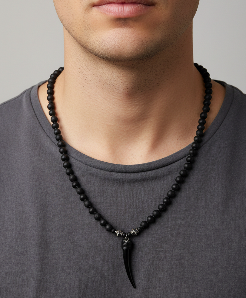 Black Beaded Necklace for Men – Fang Pendant