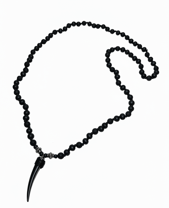 Black Beaded Necklace for Men – Fang Pendant