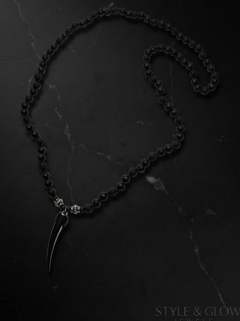 Black Beaded Necklace for Men – Fang Pendant