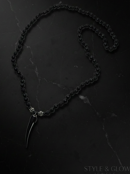 Black Beaded Necklace for Men – Fang Pendant