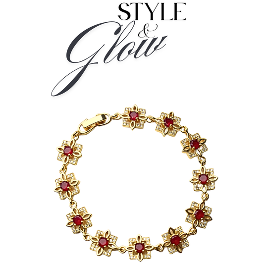Floral Bracelet with Red Stones