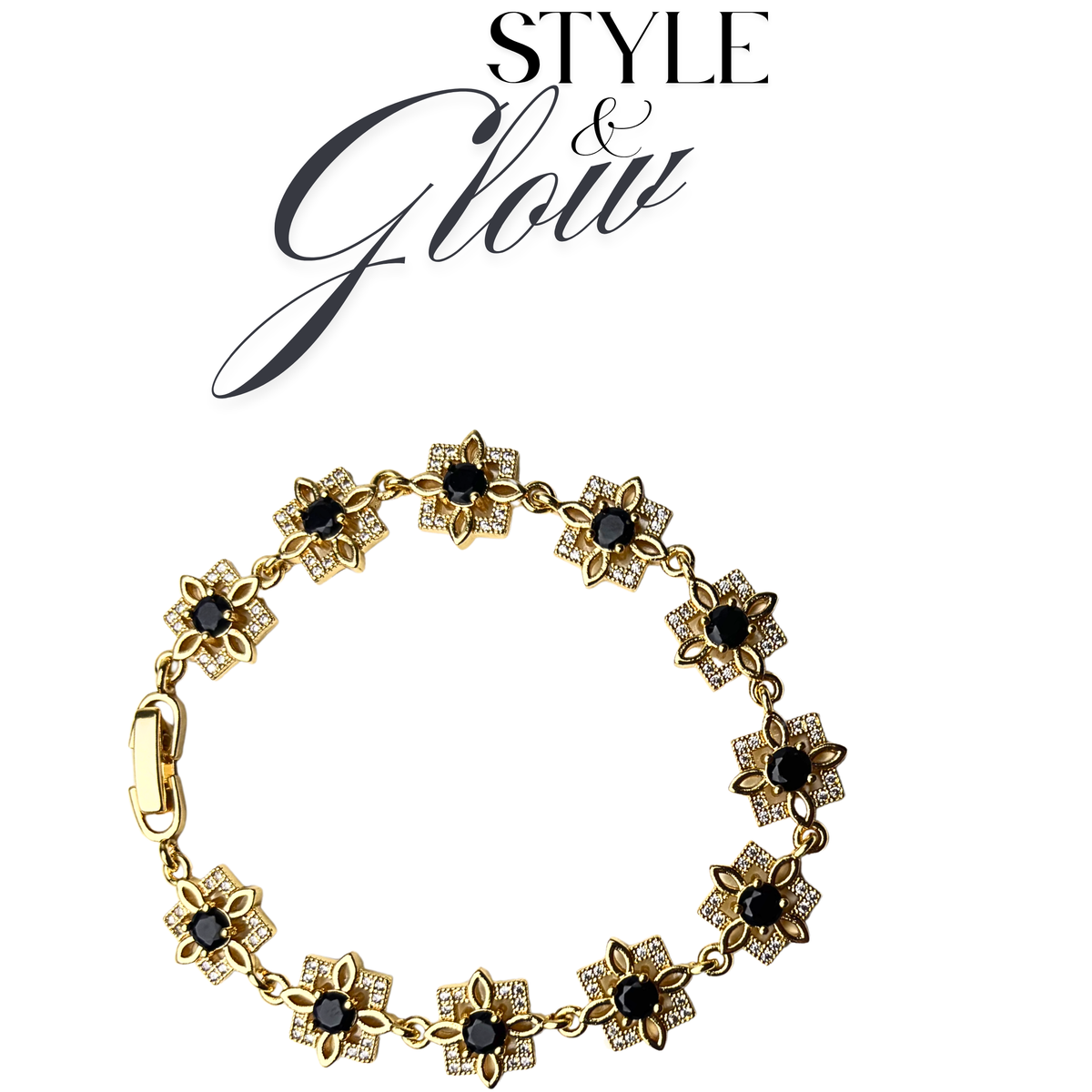 Gold Floral Bracelet with Black Stones