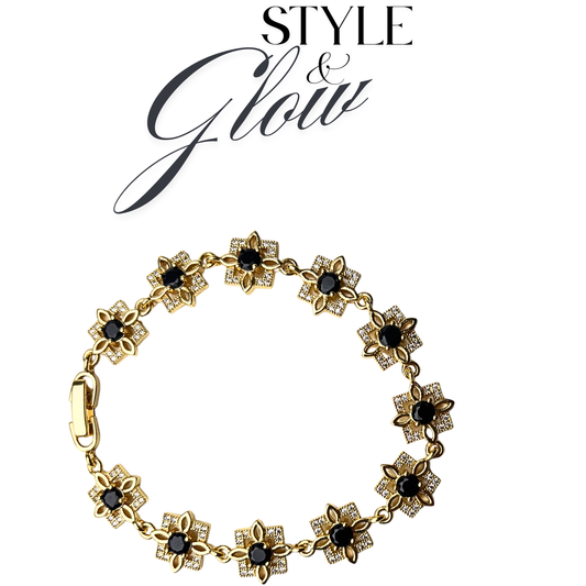 Gold Floral Bracelet with Black Stones