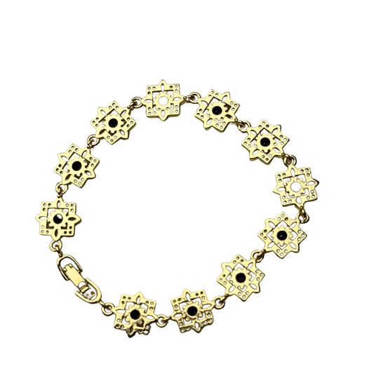 Gold Floral Bracelet with Black Stones