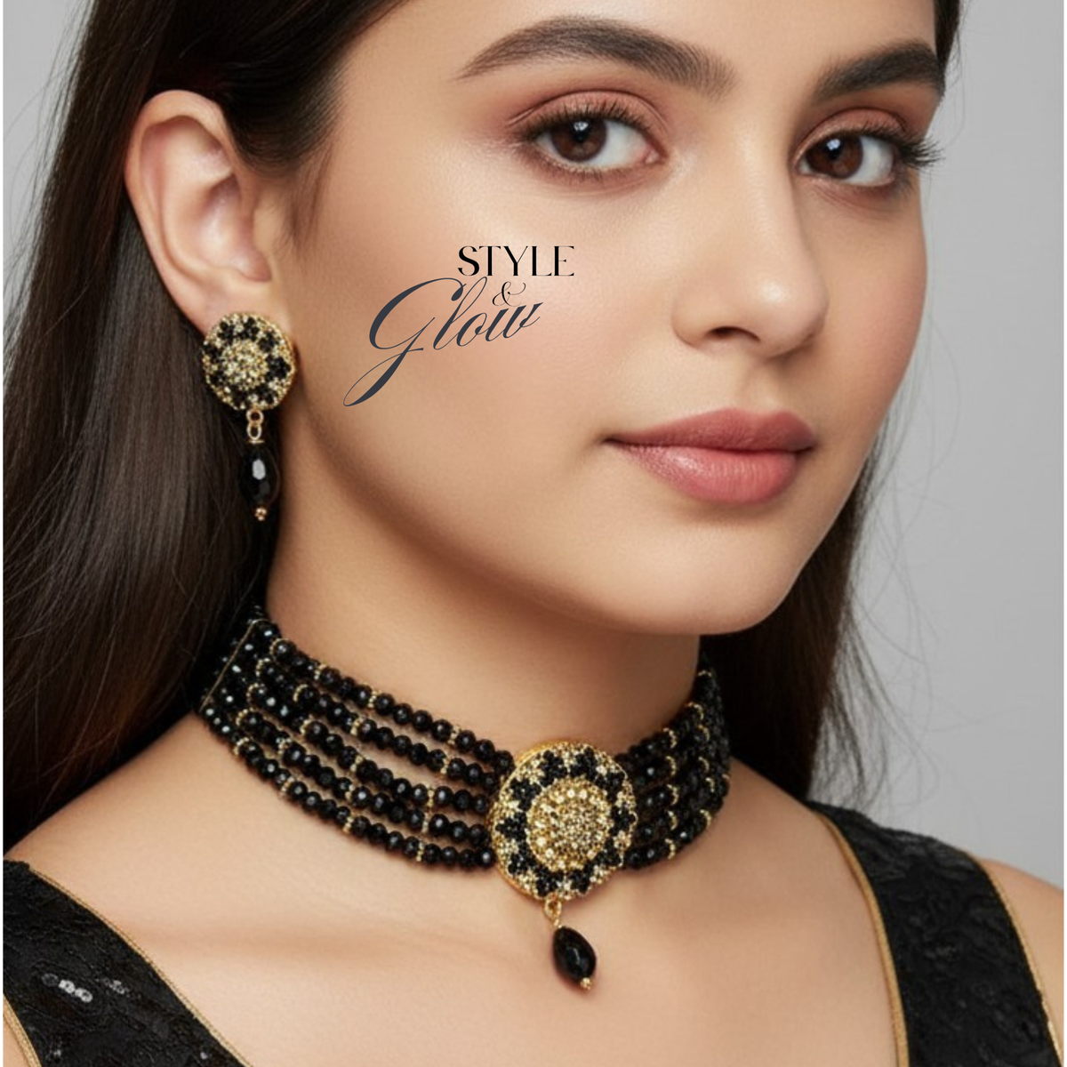 Black & Gold Choker Necklace Set