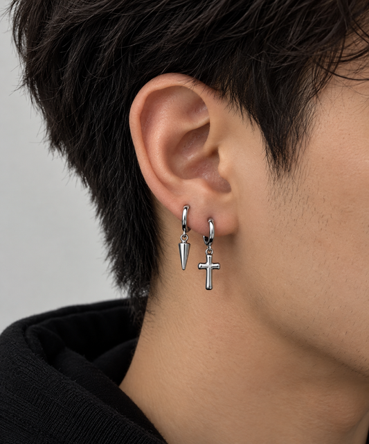 Men’s Silver Cross & Spike Earrings Set