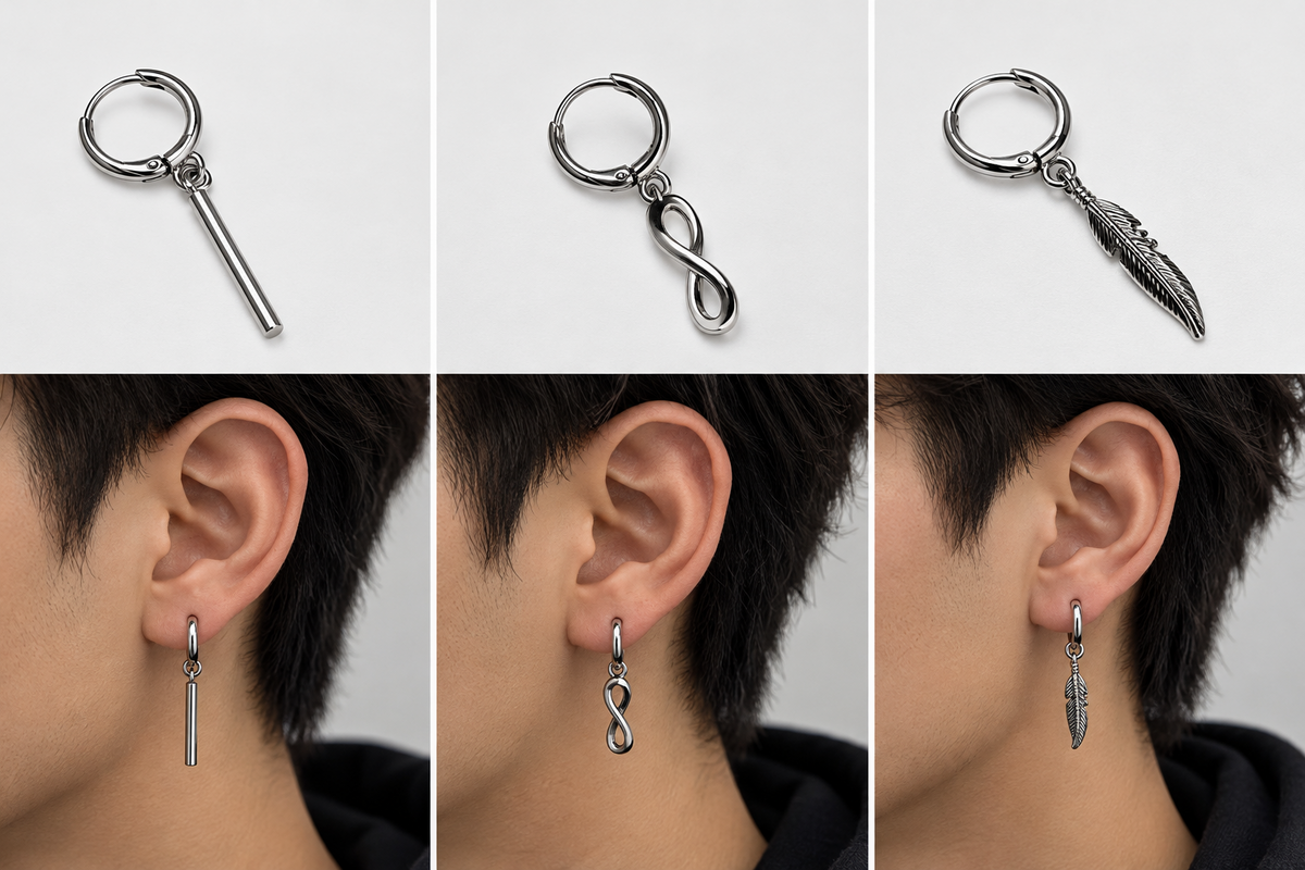 Men’s Silver Dangle Earrings – 3 Piece Set