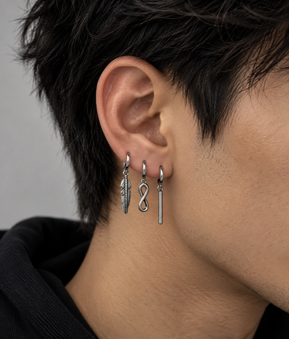 Men’s Silver Dangle Earrings – 3 Piece Set